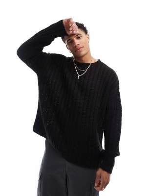 oversized open knit brushed rib sweater in black