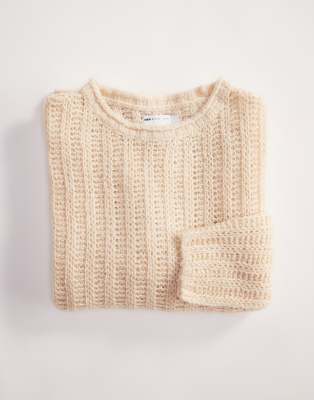 oversized open knit brushed rib sweater in cream-Neutral