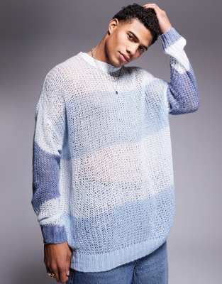 ASOS DESIGN ASOS DESIGN oversized open knit crew neck jumper in blue stripe texture