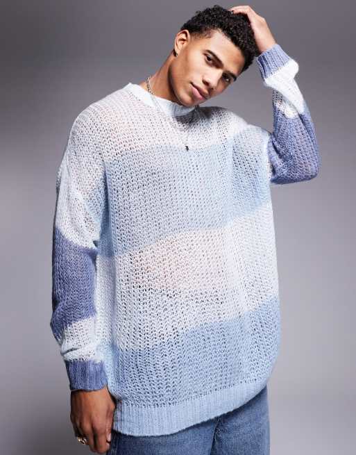 ASOS Design Oversized Open Knit Crew Neck Sweater in Blue Stripe Texture