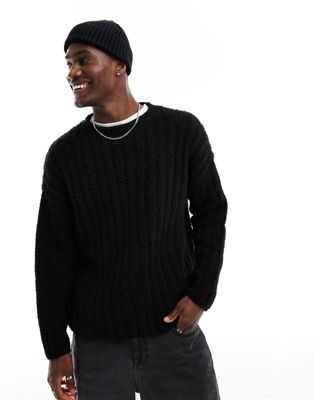 Asos Design Oversized Open Knit Fluffy Rib Sweater In Black