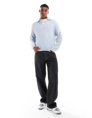 ASOS DESIGN ASOS DESIGN oversized open knitted brushed rib notch neck jumper in light blue-Navy
