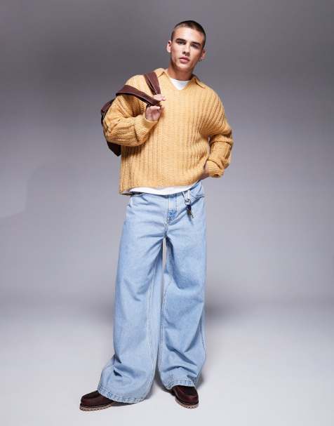ASOS DESIGN oversized open knitted brushed rib notch neck jumper in stone - view 1
