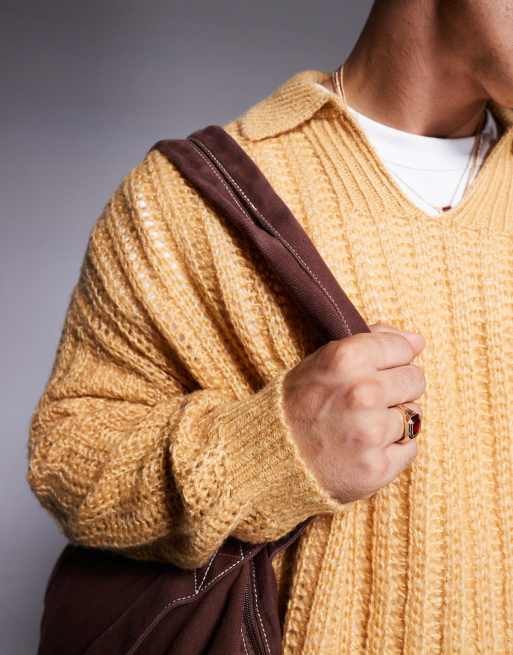 ASOS DESIGN oversized open knit brushed rib notch neck sweater in stone