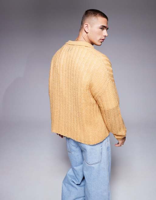 ASOS DESIGN oversized open knit brushed rib notch neck sweater in stone
