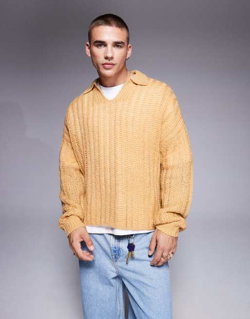 ASOS DESIGN oversized open knit brushed rib notch neck sweater in stone
