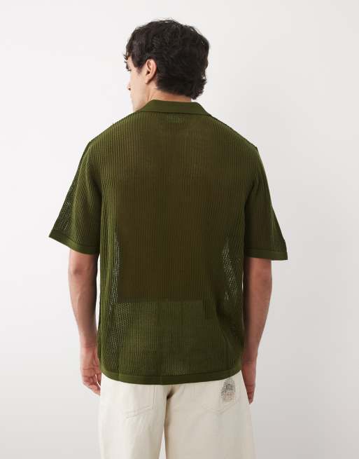 ASOS DESIGN oversized open knitted notch neck polo in dark green, 4 of 5