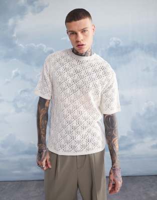 ASOS DESIGN - Oversized, opengewerkt T-shirt in gebroken wit