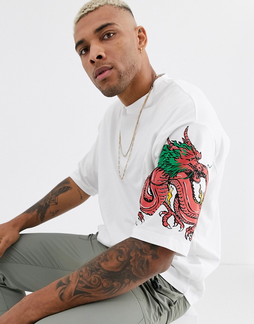 ASOS DESIGN oversized organic cotton t-shirt with dragon sleeve print and hem Japanese text embroidery-White