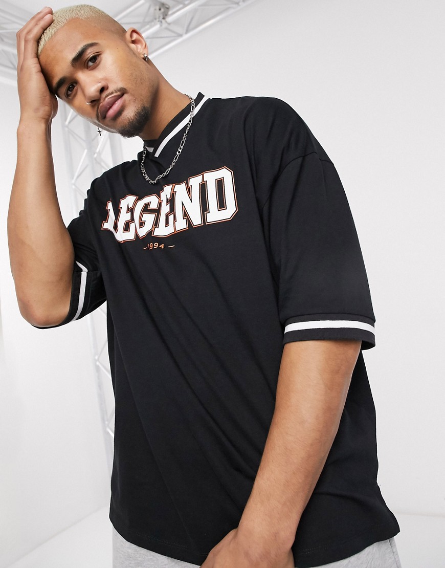 ASOS DESIGN oversized organic cotton t-shirt with sports v neck and Legend print-Black