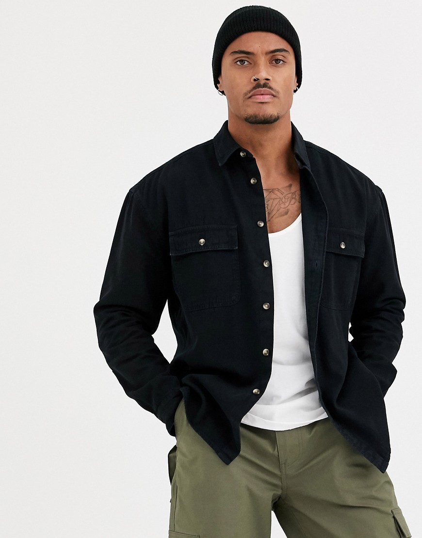 Asos Design Oversized Organic Denim Shirt With Double Pockets In Washed Black