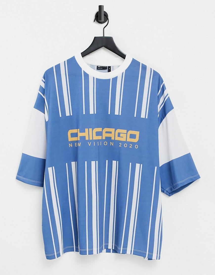 ASOS DESIGN oversized organic stripe t-shirt in blue with Chicago city print-Multi