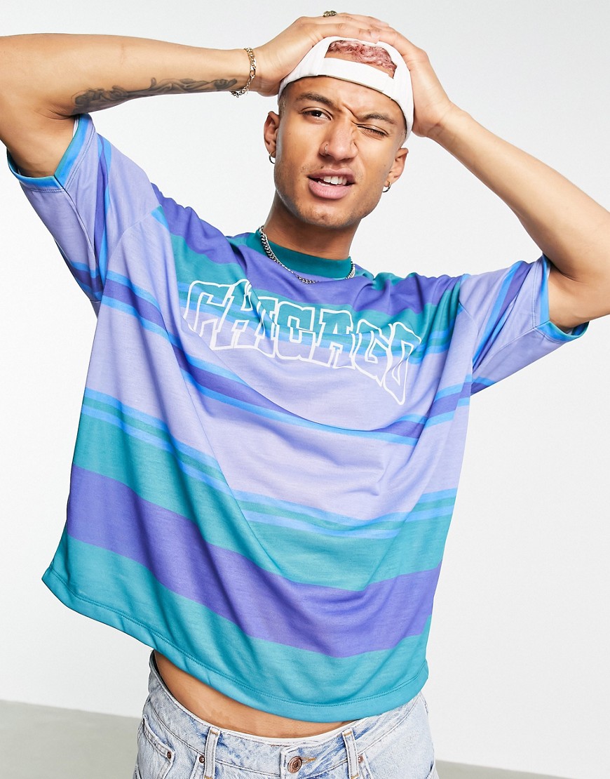 ASOS DESIGN oversized organic stripe t-shirt in green with Chicago city print-Multi