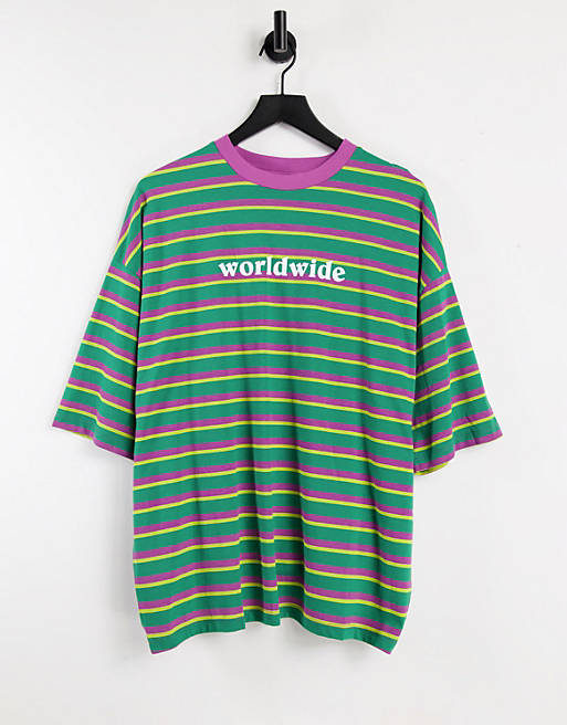 ASOS DESIGN oversized organic stripe t-shirt with front text print