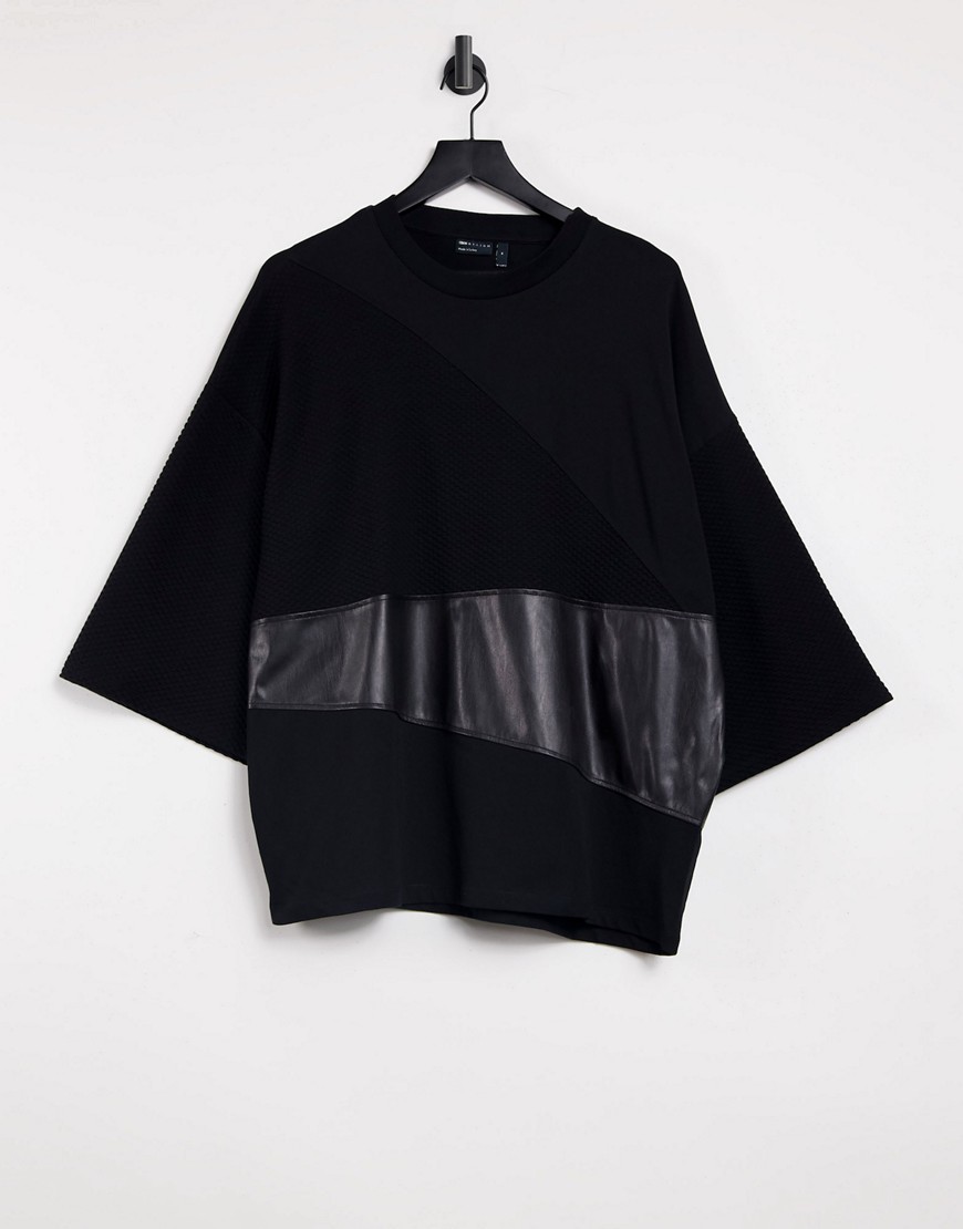 ASOS DESIGN oversized organic t-shirt in black waffle and leather look