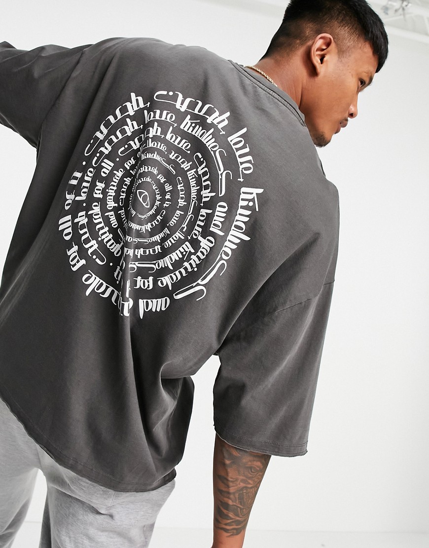 ASOS DESIGN oversized organic t-shirt in washed black with circular text back print