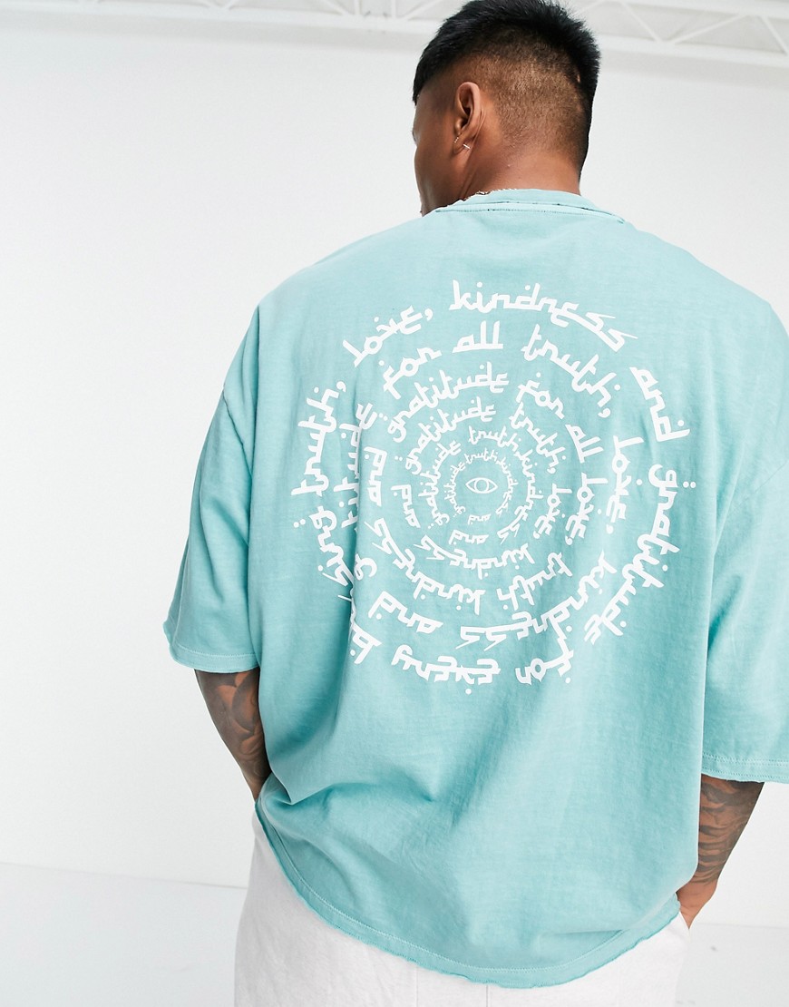 ASOS DESIGN oversized organic t-shirt in washed blue with circular text back print