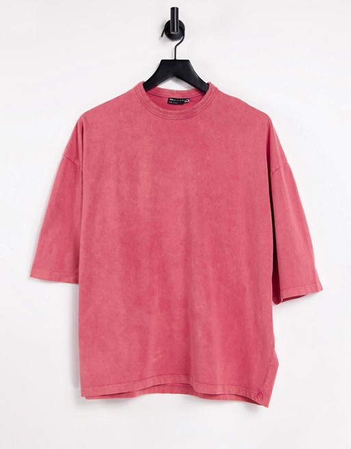 ASOS DESIGN oversized heavyweight t-shirt with half sleeve in acid wash red - RED