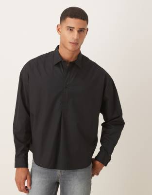 Asos Design Oversized Over The Head Poplin Shirt With Scoop Hem In Black