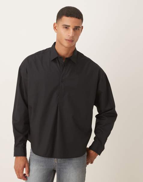 ASOS DESIGN oversized over the head poplin shirt with scoop hem in black - view 1