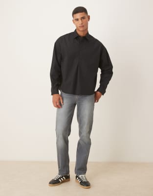 Asos Design Oversized Over The Head Poplin Shirt With Scoop Hem In Black