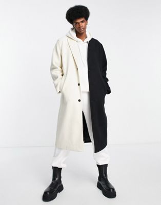 ASOS DESIGN relaxed fit wool look overcoat in black and white splice