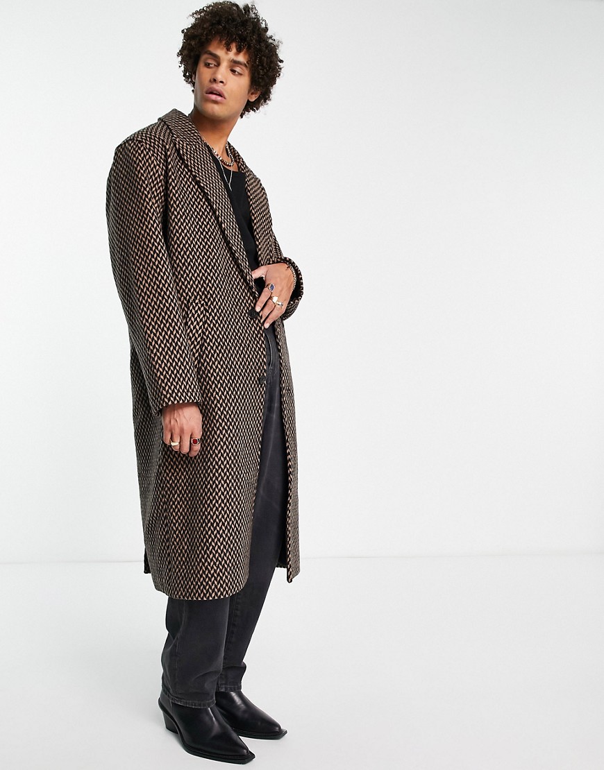 Asos Design Oversized Overcoat In Brown Geo Print