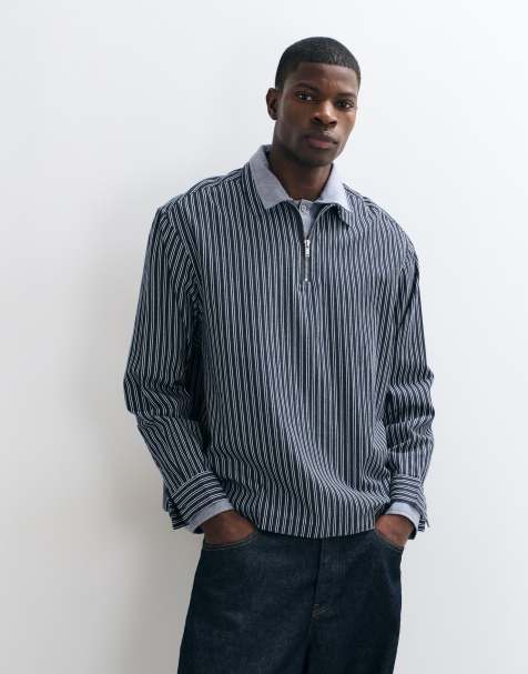 ASOS DESIGN oversized overhead 1/4 zip polo stripe shirt in washed black - view 1
