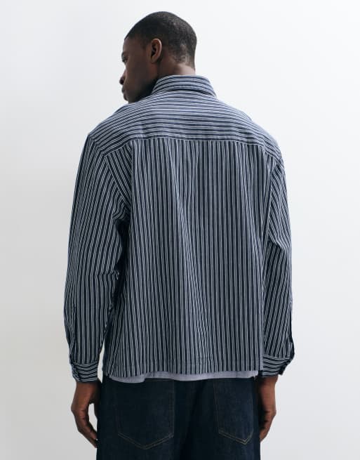 ASOS DESIGN oversized overhead 1/4 zip polo stripe shirt in washed black, 2 of 5