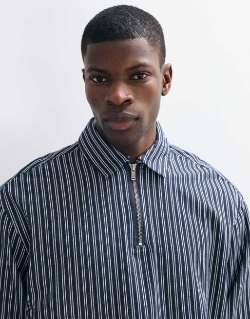 ASOS DESIGN oversized overhead 1/4 zip polo stripe shirt in washed black, 4 of 5