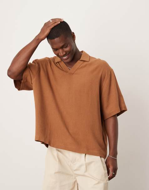 ASOS DESIGN oversized overhead boxy linen blend shirt in brown - view 1