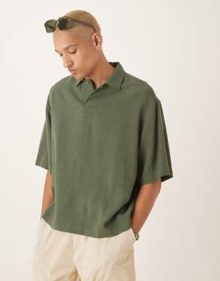 Asos Design Oversized Overhead Boxy Linen Blend Shirt In Green