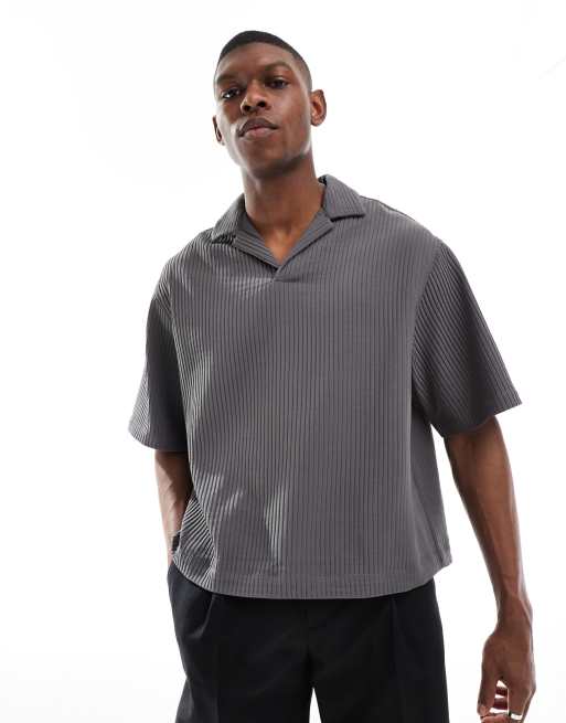 ASOS DESIGN oversized overhead boxy plisse shirt in charcoal