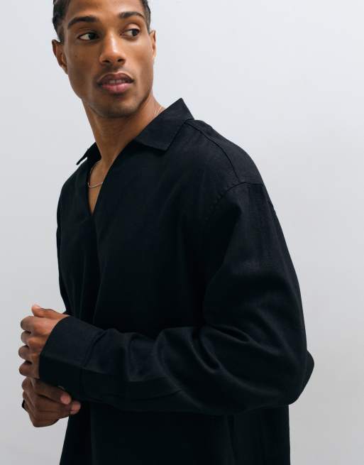 ASOS DESIGN oversized overhead linen blend shirt in black, 4 of 5