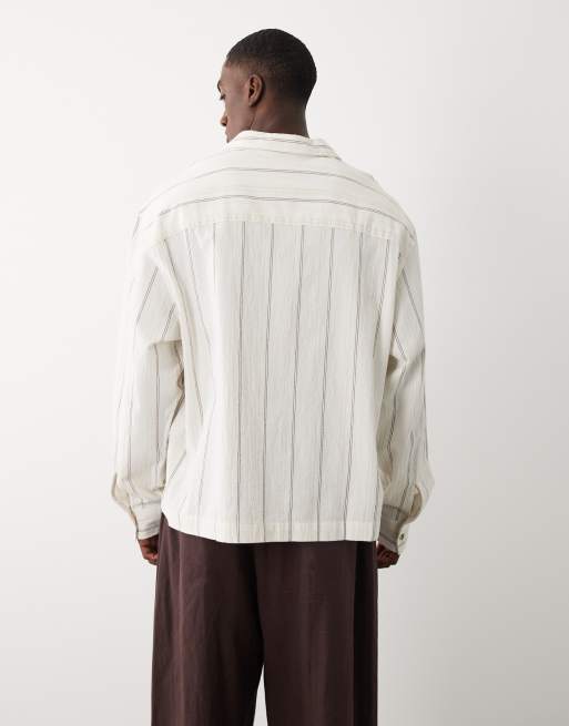 ASOS DESIGN oversized overhead linen look striped shirt in beige, 2 of 5