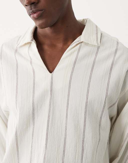 ASOS DESIGN oversized overhead linen look striped shirt in beige, 3 of 5