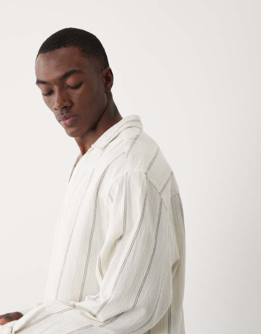 ASOS DESIGN oversized overhead linen look striped shirt in beige, 4 of 5