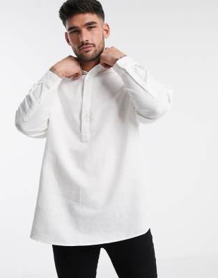 ASOS DESIGN oversized overhead linen shirt in white with grandad collar ...