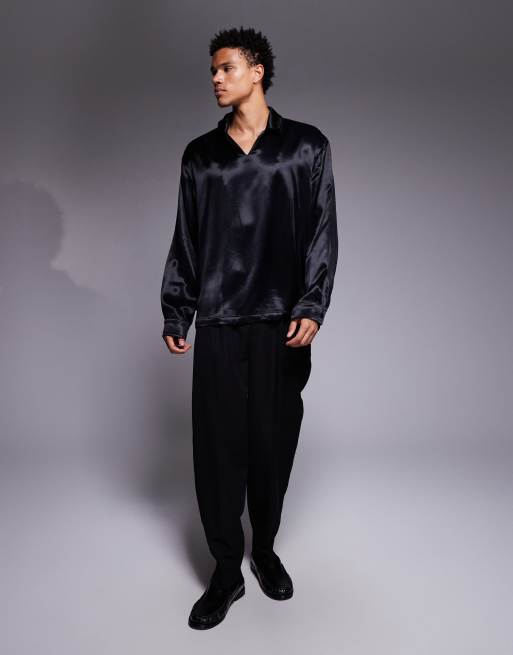 ASOS DESIGN - Oversized overhead overhemd van satijn in zwart, 2 van 5
