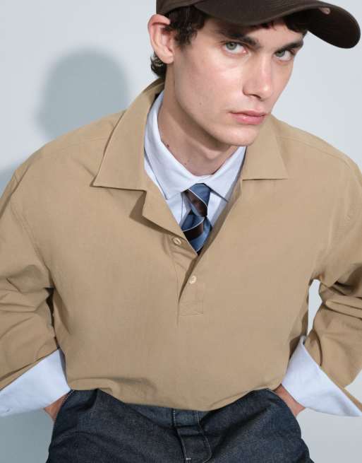 ASOS DESIGN oversized overhead poplin polo shirt in beige, 2 of 10
