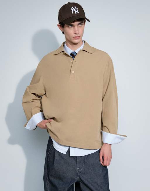 ASOS DESIGN oversized overhead poplin polo shirt in beige, 5 of 10