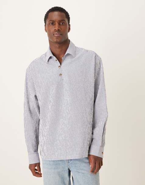 ASOS DESIGN oversized overhead seersucker stripe shirt in blue - view 1