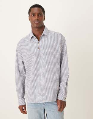 Asos Design Oversized Overhead Seersucker Striped Shirt In Blue