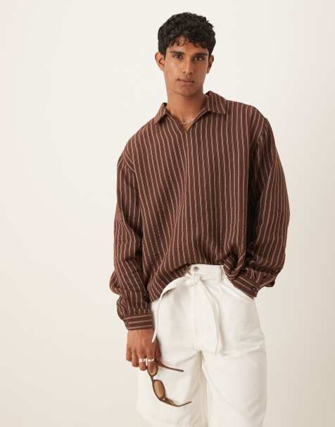 ASOS DESIGN oversized overhead shirt in brown stripe - view 1