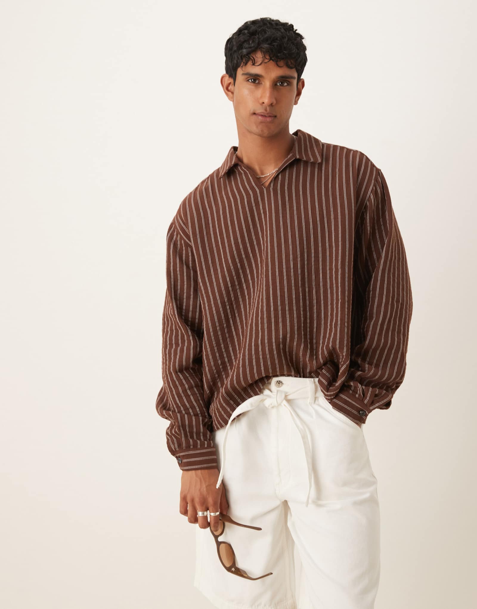 ДИЗАЙНЕРСКАЯ верхняя рубашка оверсайз от ASOS в коричневую полоску