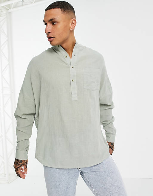 ASOS DESIGN oversized overhead shirt with grandad collar in cheesecloth in sage green