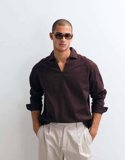 ASOS DESIGN oversized overhead shirt with linen in brown, 3 of 5