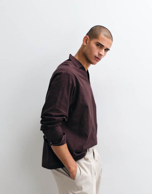 ASOS DESIGN oversized overhead shirt with linen in brown, 4 of 5