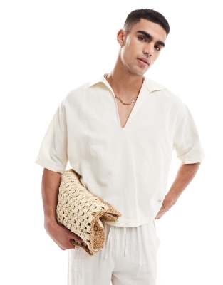 ASOS DESIGN oversized overhead shirt with linen mix in stone-Neutral