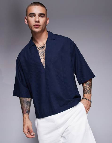 ASOS DESIGN - Oversized overhead-skjorte med marineblå striber i jacquard i firkantet pasform - view 1